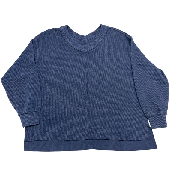 aerie Tops - Aerie Oversized Waffle Knit V-Neck‎ Sweater Navy Blue Slouchy Split Hem Small